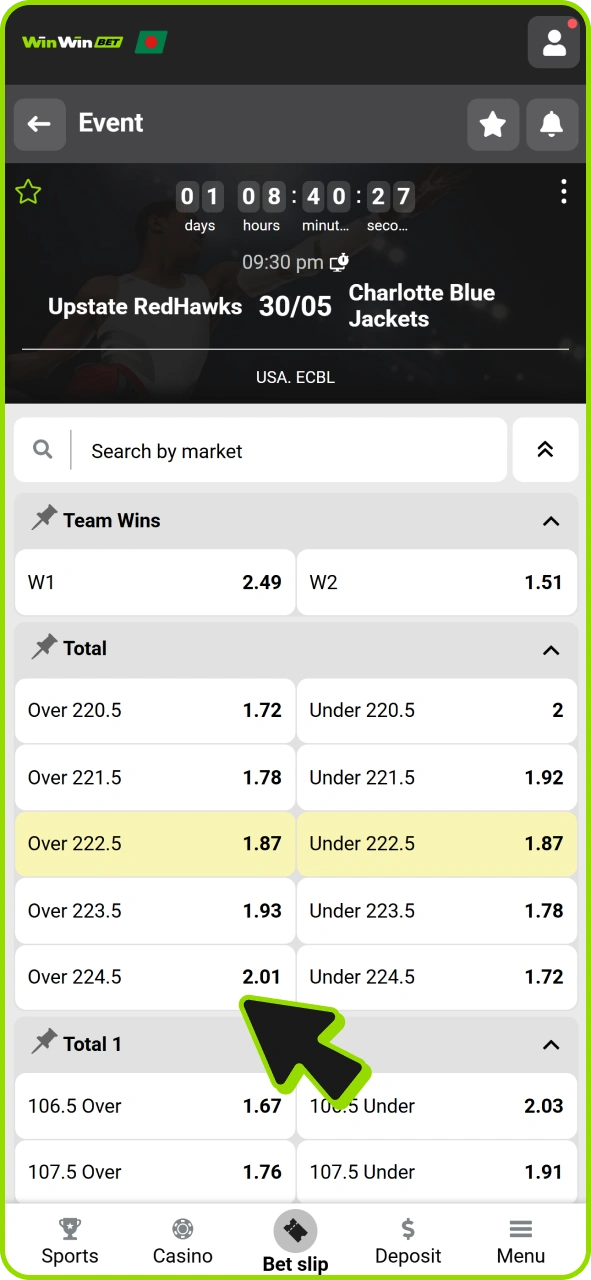 Tap on the markets to bet at Winwin sports.