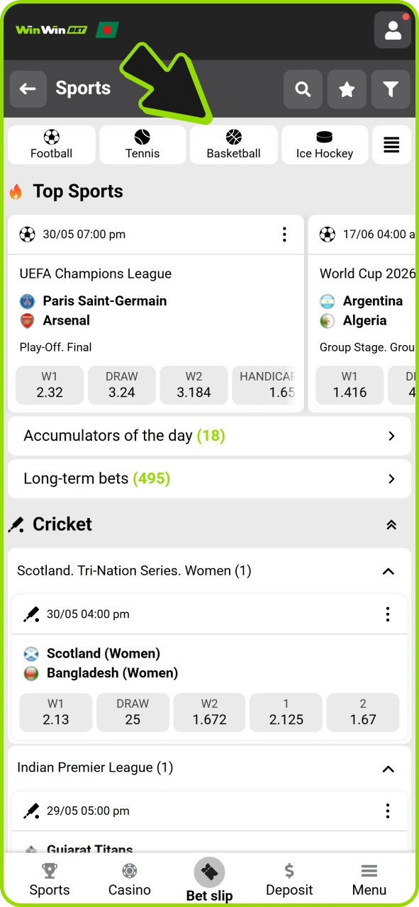 Select sport and competition to place bet at Winwin.