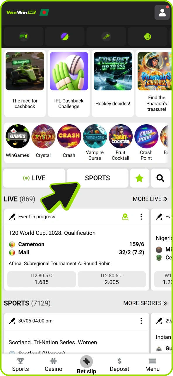 Select live or pre match sports competition to bet on at Winwin.
