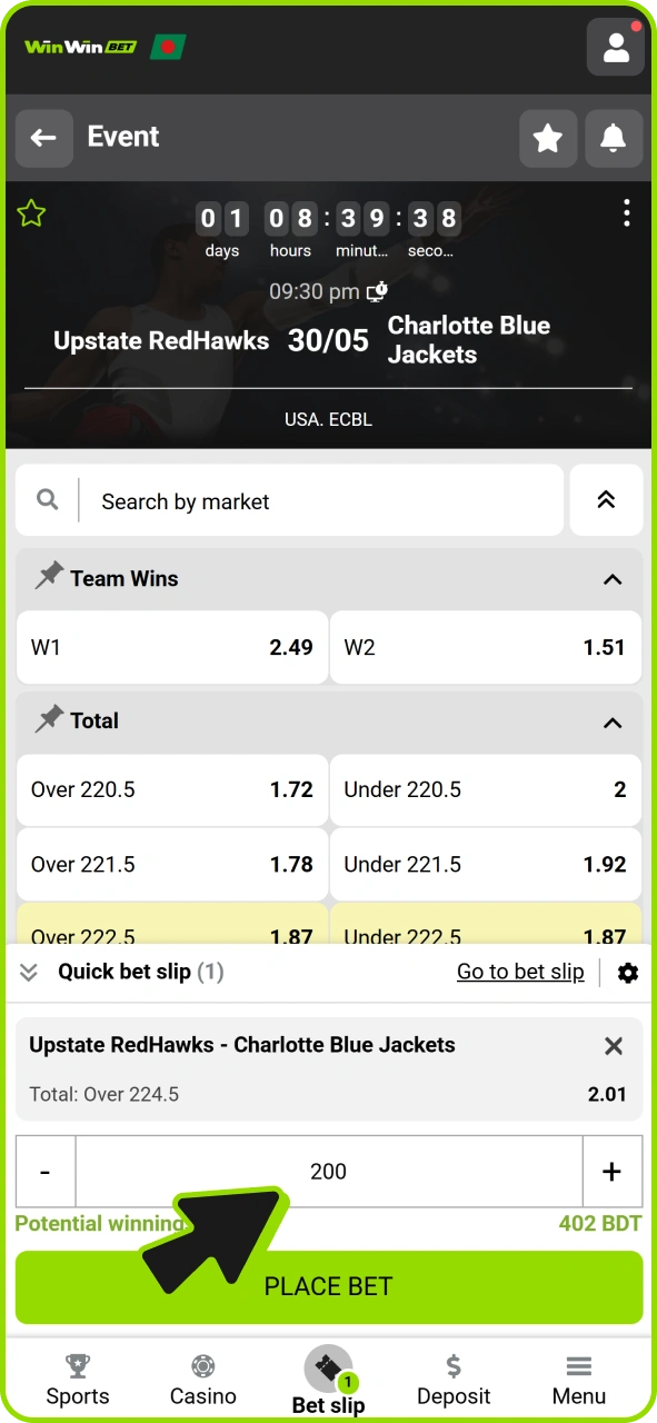 Enter stake amount at your bet slip at Winwin.