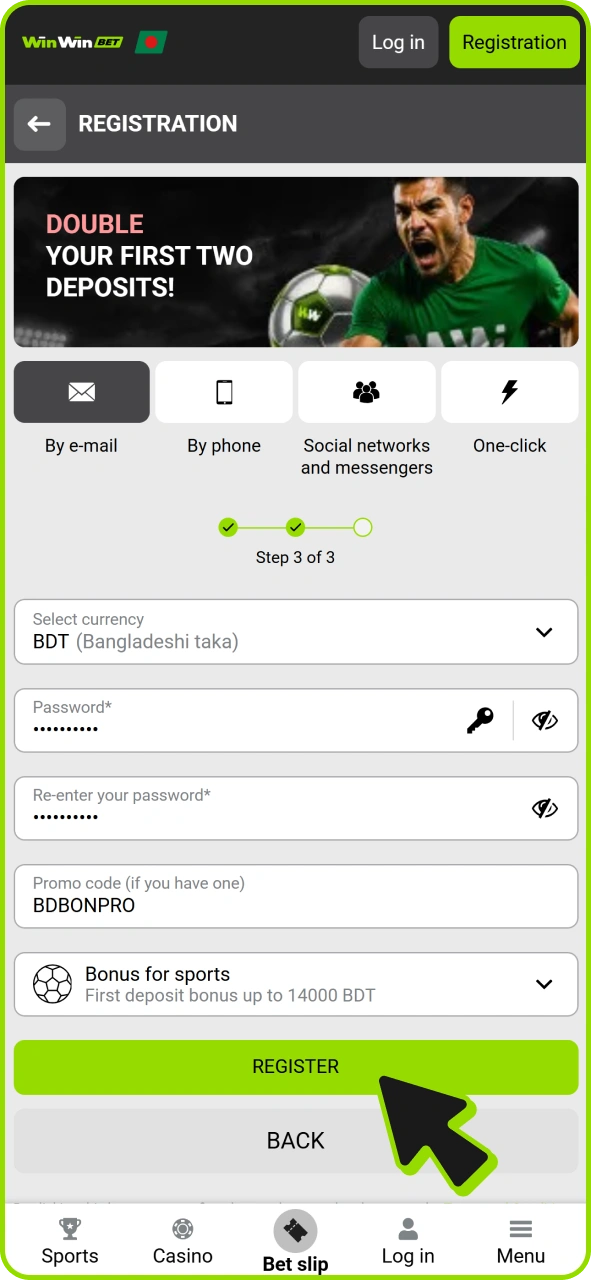 Confirm registration form at Winwin to create your account.