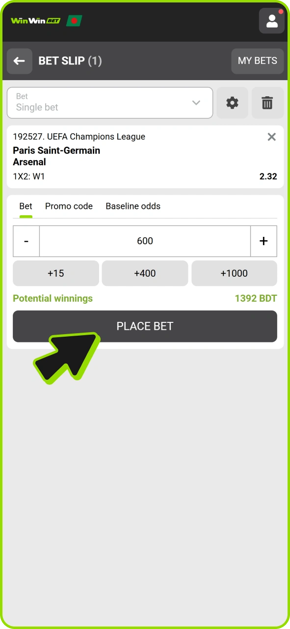 Enter stake and place your first bet after registering at Winwin.