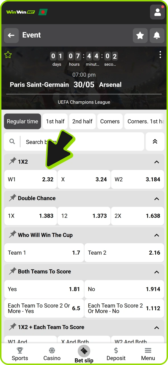 Click on the market to place bet at Winwin sportsbook after your registration.