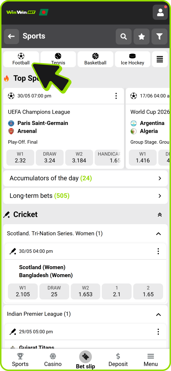 Choose sport competition at Winwin sportsbook to place bet after your registration.